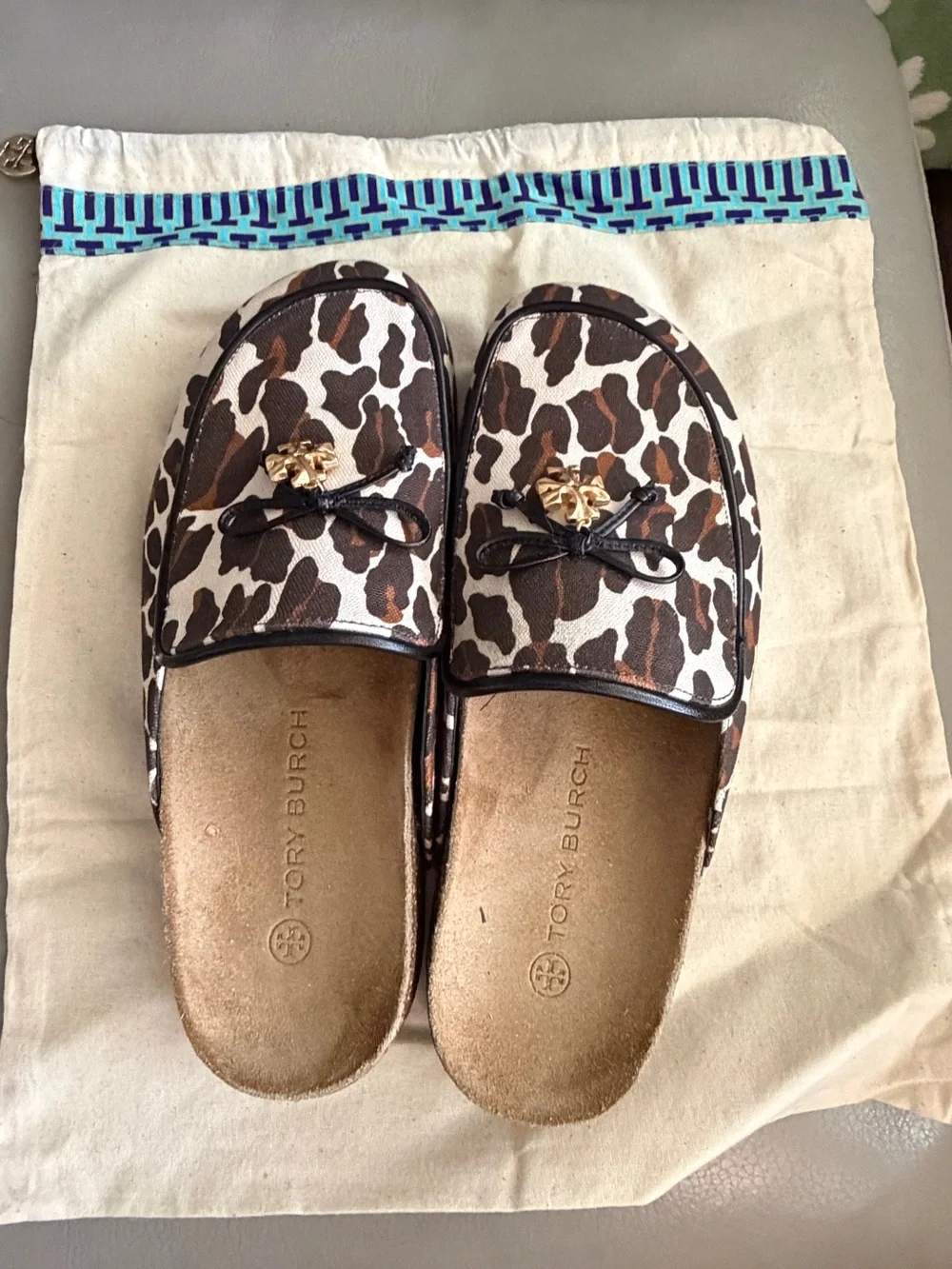 Tory Burch Brown Leopard Print Slip-On Mules with Black Trim